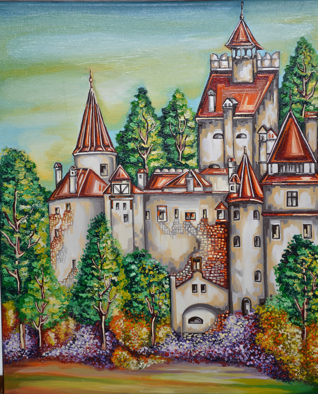 sulfur Tropical storm Castelul Bran – Realizat pe panza, in culori de ulei, dimensiune 50×40 cm
